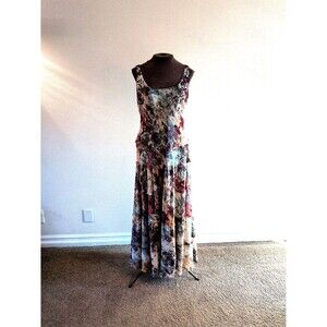Kasper Dress Womens 10 Vtg y2K Floral Maxi Tiered Chiffon Fringed Lettuce Hem